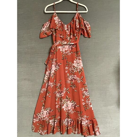 WAYF Dress Medium Nanette Floral True Wrap Cold Shoulder Beach Hawaii Cruise - Picture 7 of 13